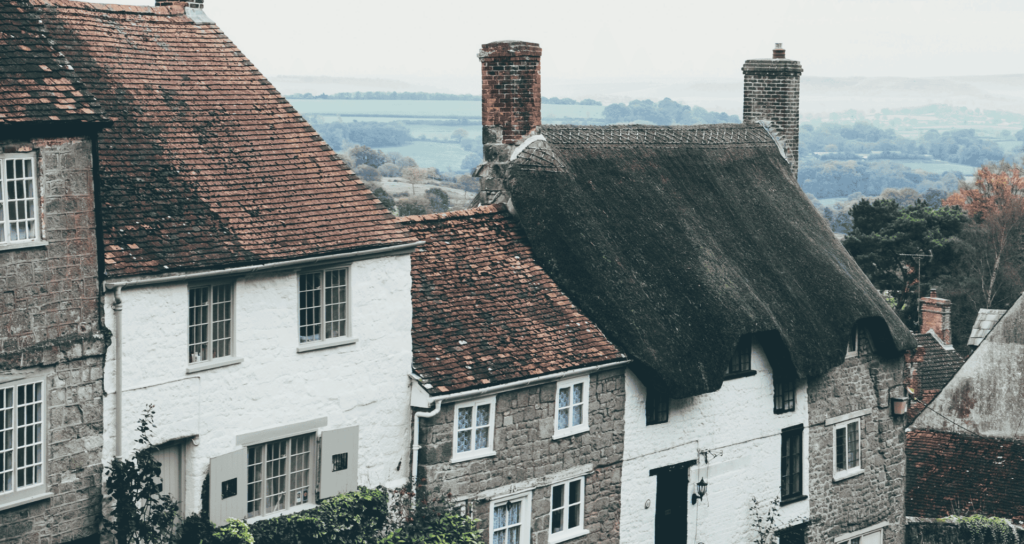 A row of cottages in the countryside with thatched roofs